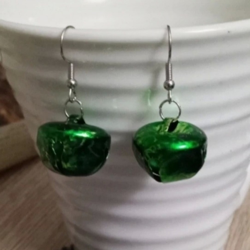 New metallic green jingle bell Christmas holiday Earrings hand crafted